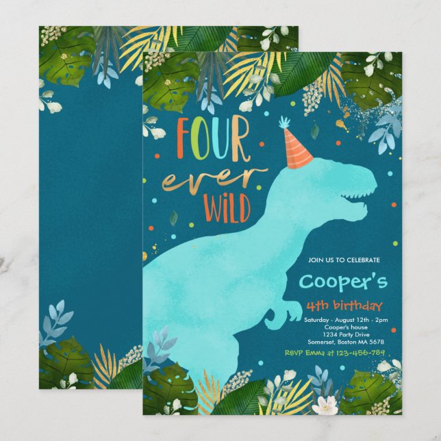 Convite Dinossauro Quatro Menino Selvagem Dinossauro 4º An (Frente/Verso)