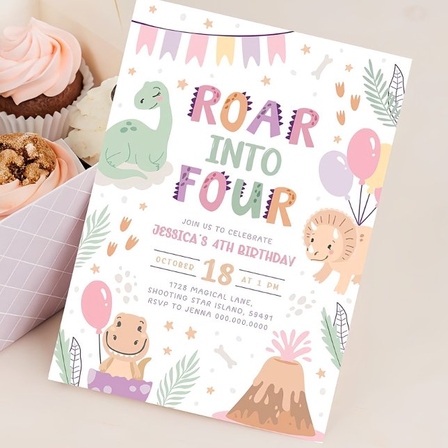 Convite Dinossauro Rapariga 4.º Aniversário Convide Um Beb (Criador carregado)