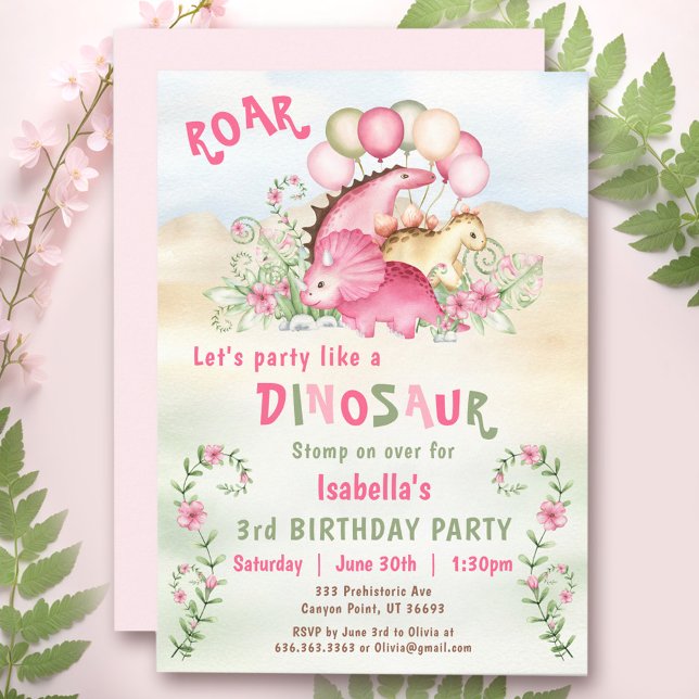 Convite Dinossauro Rapariga Rosa Pastel primeiro aniversar (Dinosaur Girl Pink Pastel Cute Floral 1st Birthday Invitation)