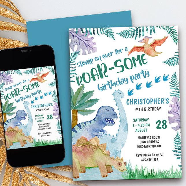 Convite Dinossauro Roar-Alguns Rapazes Festas de aniversár (kids dinosaur birthday invitation -  invite your friends to stomp on over for a roar-some party)
