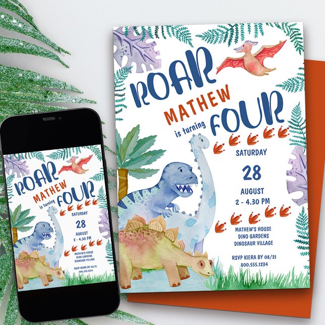 Convite Dinossauro Roar... está virando Quatro Rapazes 4º  (dinosaur themed 4th birthday invitation with personalized roar  rhyme)