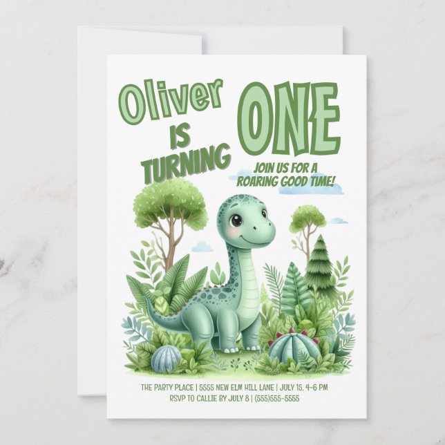 Convite Dinossauro Roaring Good Time Baby's primeiro anive (Frente)