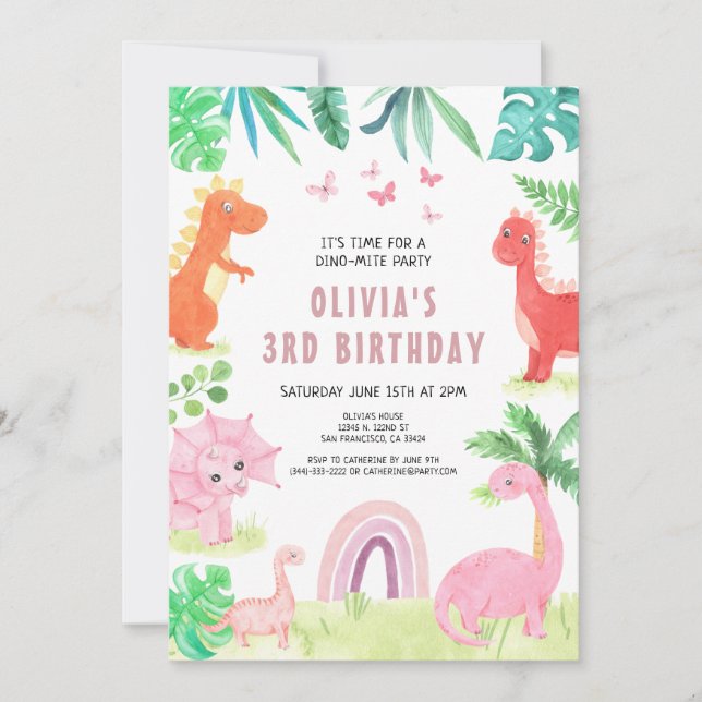 Convite Dinossauro Rosa Festa de aniversário Raparigas Din (Frente)