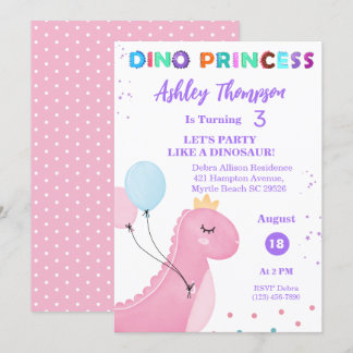 Convite Dinossauro Rosa Princesa Girls Festa de aniversári