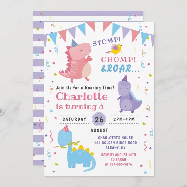 Convite Dinossauro Rosa Rosa Raia Noivado Festa Dino Rapar (Frente/Verso)