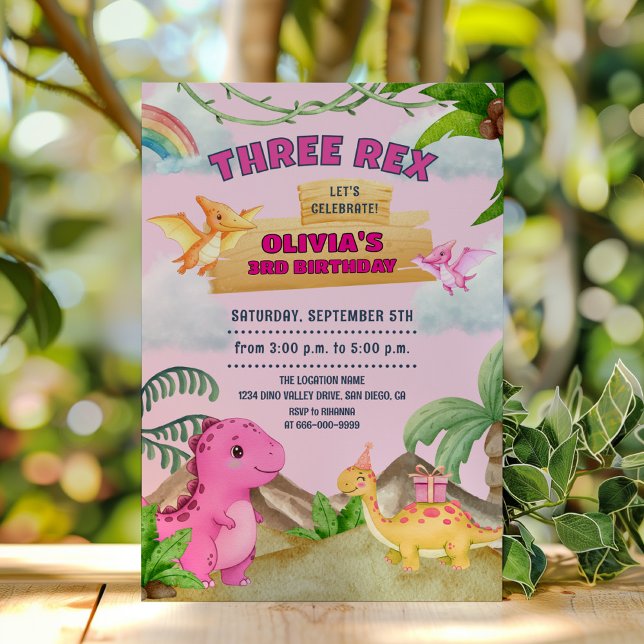 Convite Dinossauro Rosa Três Festa De aniversário de 3 ano (Pink Dinosaur Three Rex Birthday Girl Party Invitation)