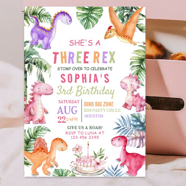 Convite Dinossauro Rosa Três Rex GIRL Aniversário (Criador carregado)