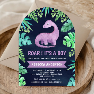 Convite Dinossauro Roxo Fofo Arco Azul Marinho Chá de Bebê