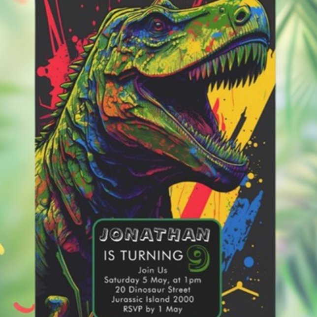 Convite dinossauro Rurgindo Muito Bem (Unleash your creativity with our Colorful Street Art Dinosaur Invitation! )