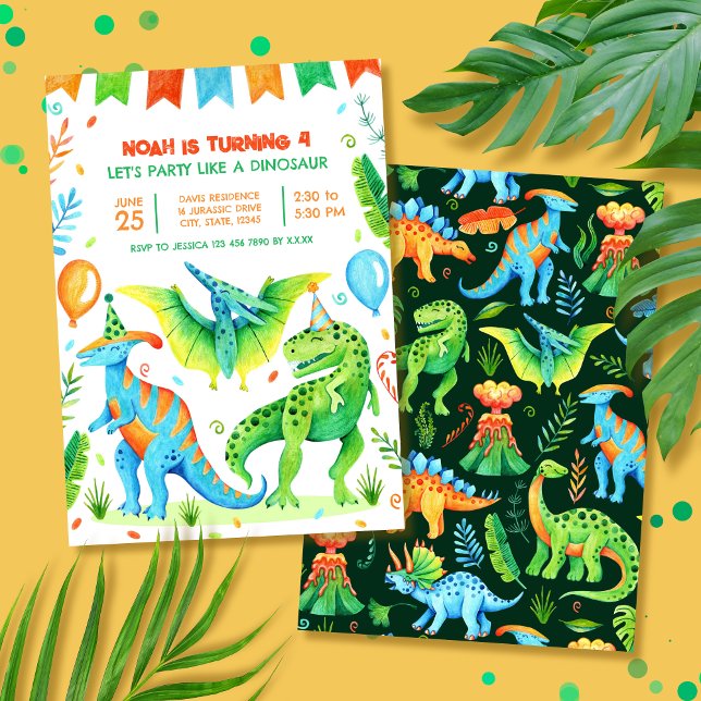 Convite Dinossauro T rex Boys Festa de aniversário Waterco (Dinosaur Boys Birthday Party Watercolor Invitation)