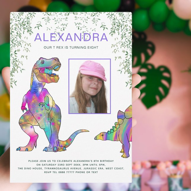 Convite Dinossauro T-Rex Festa de aniversario de meninas R (Dinosaur T-Rex colorful girls 8th birthday party invitation with photo template purple pink)