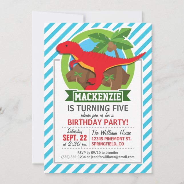 Convite Dinossauro T-Rex Vermelho; Bandas Azuis e Brancas (Frente)