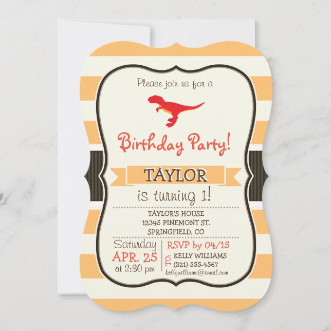 Convite Dinossauro T-Rex Vermelho; Stripes Laranja (Frente)
