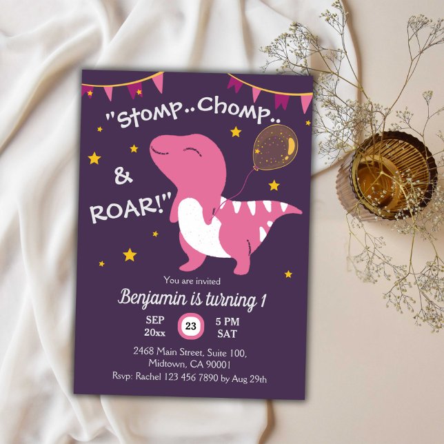 Convite Dinossauro tematizado Stomp, Chomp & Roar! primeir (Criador carregado)
