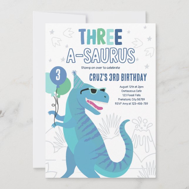 Convite Dinossauro Três A-Saurus aniversário de 3 anos do  (Frente)