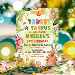 Convite Dinossauro Três-A-Saurus Greenery aniversário de 3