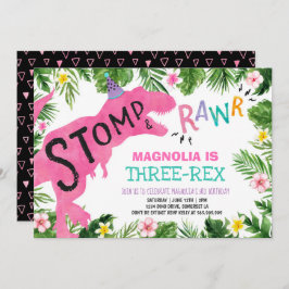 Convite Dinossauro Três Rex Aniversário Rapariga Dino