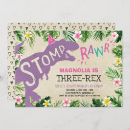 Convite Dinossauro Três Rex Aniversário Rapariga Dino