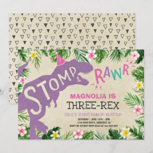 Convite Dinossauro Três Rex Aniversário Rapariga Dino