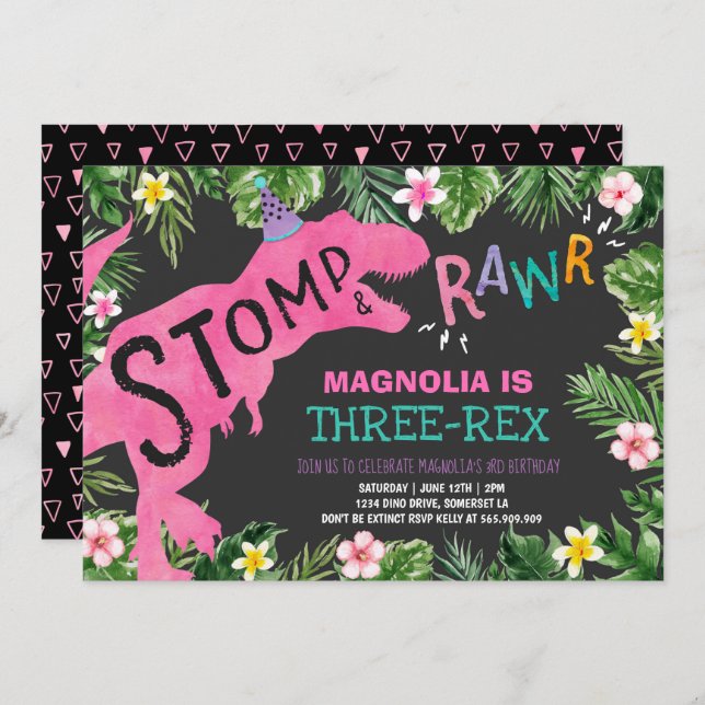 Convite Dinossauro Três Rex Aniversário Rapariga Dino (Frente/Verso)