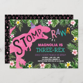 Convite Dinossauro Três Rex Aniversário Rapariga Dino