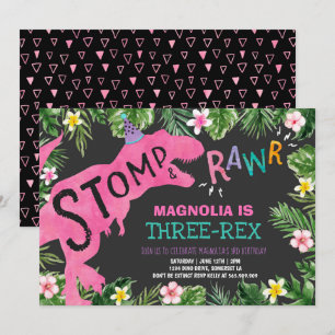 Convite Dinossauro Três Rex Aniversário Rapariga Dino