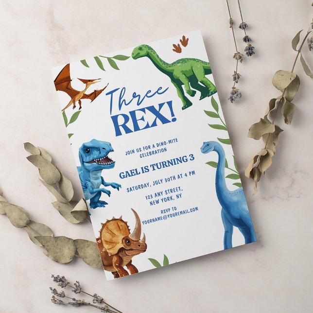 Convite Dinossauro Três Rex Greenery Aniversário (Criador carregado)