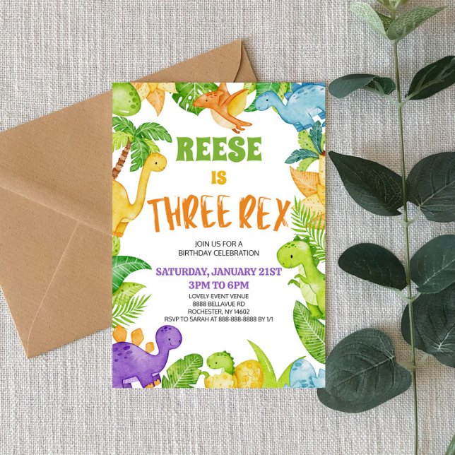 Convite Dinossauro Três Rex T-Rex 3ª Festa de aniversário (Criador carregado)