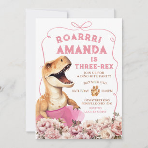 Convite Dinossauro Tríplice, Rex Floral, cor-de-rosa