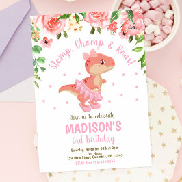 Convite Dinossauro Tutu Bailarina Rosa Floral Aniversário
