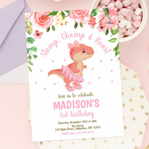 Convite Dinossauro Tutu Bailarina Rosa Floral Aniversário
