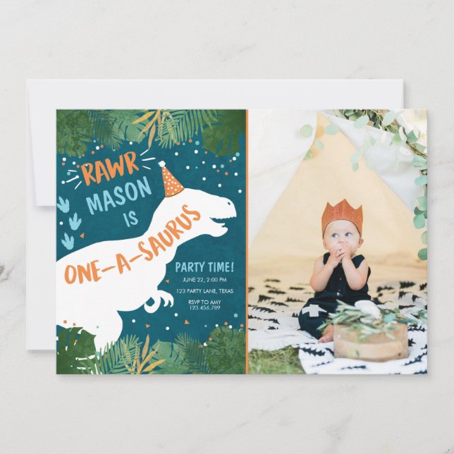 Convite Dinossauro Um-A-Saurus RAWR 1rua Primeiro Aniversá (Frente)