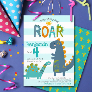 Convite Dinossauros Azuis Fofos Batem Pé, Mastigam, Rugem 