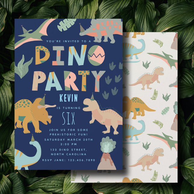 Convite Dinossauros Boho Festa dos Dinossauros Animais Ani (Dinosaurs Boho Dino Party Animals Birthday Blue Invitation)
