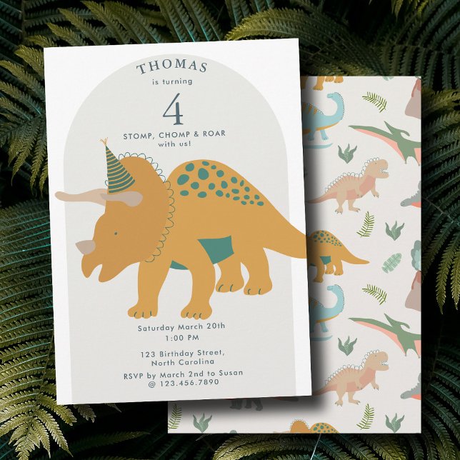 Convite Dinossauros Boho Festa Pré-Histórica Animais Anive (Dinosaurs Boho Prehistoric Party Animals Birthday Invitation)