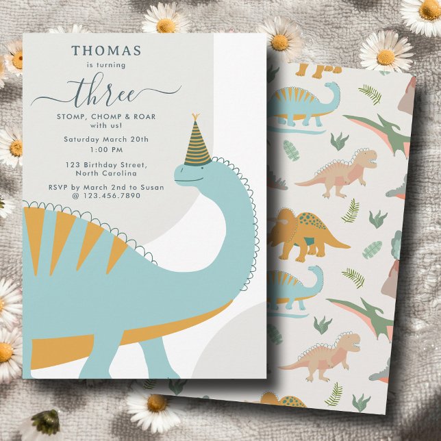 Convite Dinossauros Boho Festa Pré-Histórica Animais Anive (Dinosaurs Boho Prehistoric Party Animals Birthday Invitation)