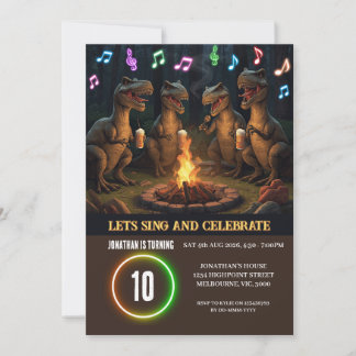 Convite Dinossauros Cantando em Aniversário ao Redor da Fo