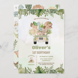 Convite Dinossauros Cutes Safari Car 1 aniversário de 3 an