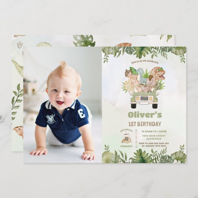 Convite Dinossauros Cutes Safari Car 1rua Foto de segundo  (Frente/Verso)