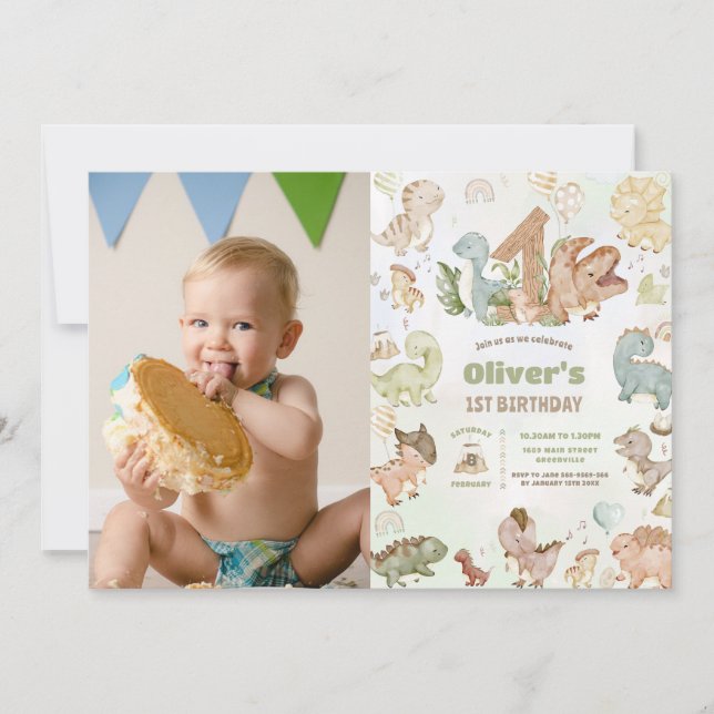 Convite Dinossauros Felizes E Bonitos 1rua Primeiro Aniver (Frente)