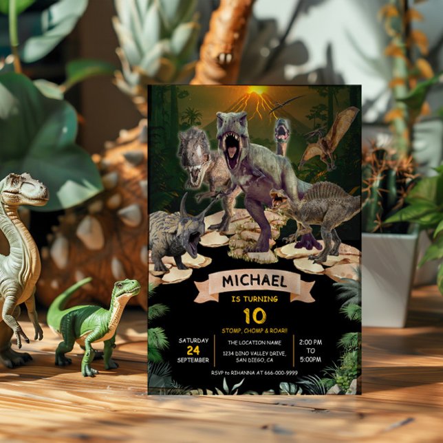 Convite Dinossauros Festa de aniversário Jurássica Salto d (Prehistoric Dinosaur T-Rex Birthday Party Invitation)