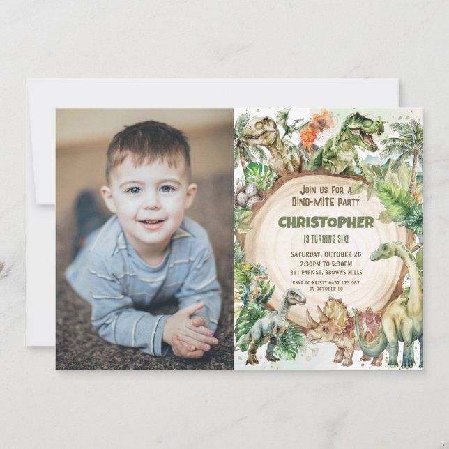 Convite Dinossauros Greenery Dino-mite Foto de Festa de an (Frente)