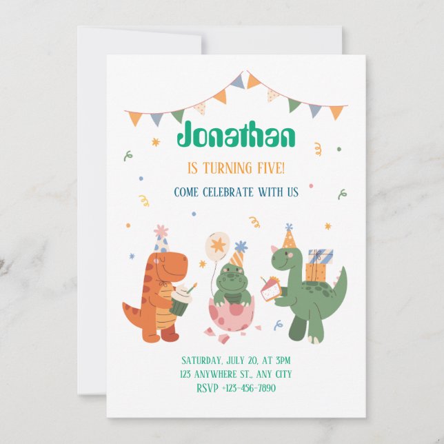 Convite Dinossauros infantis coloridos (Frente)