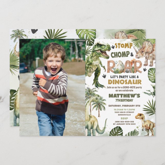 Convite Dinossauros legal Verde Jurássico Foto de Aniversá (Frente/Verso)