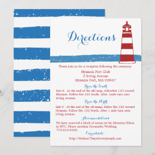 Convite Direções de Casamento Vermelho Náutico Farol Azul