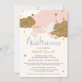 Convite Dirigir Por "Voar Por" Stork Pink Dourado Girl Chá