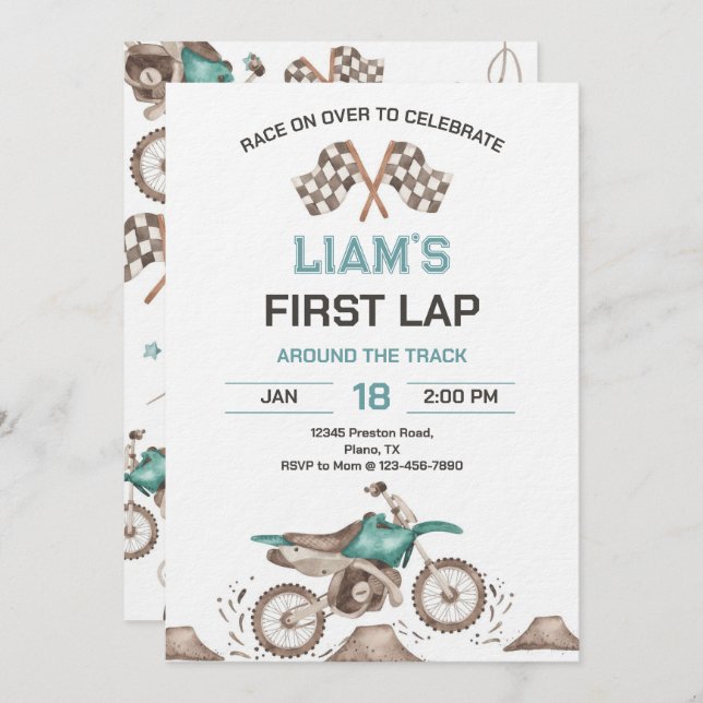 Convite Dirt Bike First Lap Birthday Party (Frente/Verso)