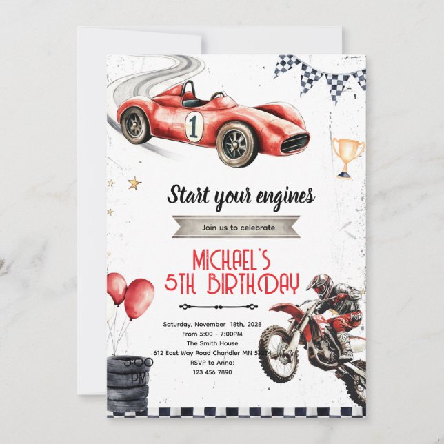Convite Dirt Bikes and race car theme invite (Frente)