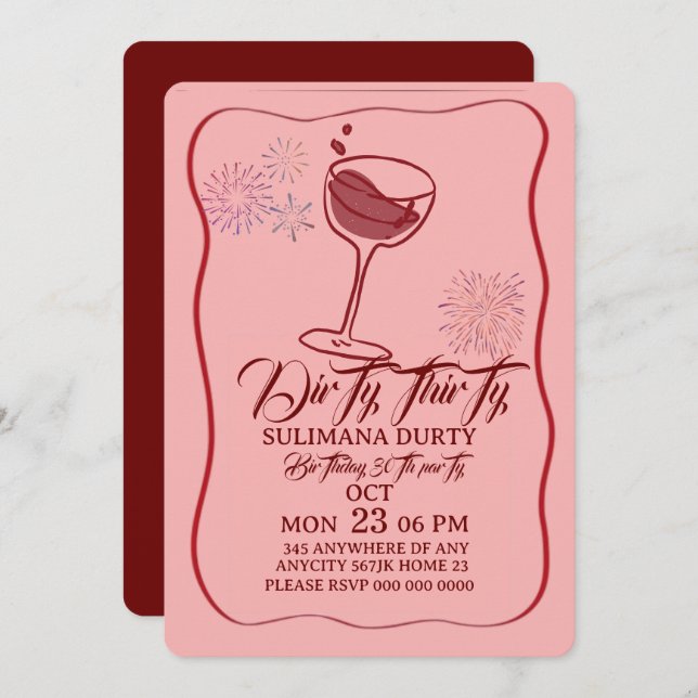 Convite Dirty thirty birthday invitation template, cherry  (Frente/Verso)
