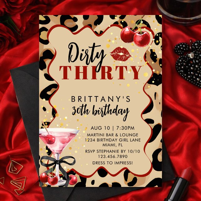Convite Dirty Thirty Cherry Martini Glam 30º Aniversário (Criador carregado)
